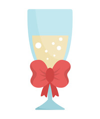 Vector wedding glass with red bow and sparkling drink. Cute marriage symbol clipart element for bride and groom. Just married couple banquet decoration. Cartoon ceremony illustration