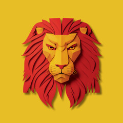 Paper craft yellow lion. Yellow origami lion on red background. Handcraft paper lion. Design element.