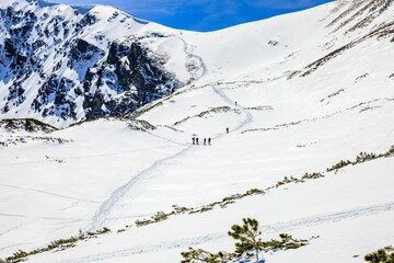 Snowy mountain slope with hikers on the trail