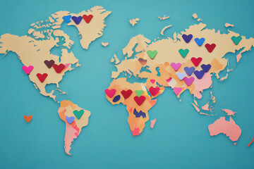 Colorful world map with many hearts. For the love of travel or honeymoon