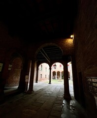 inside the castle. Old court in Ferrara building. Old town. Italy 