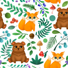 Seamless pattern with cute forest animals. Children's illustration.