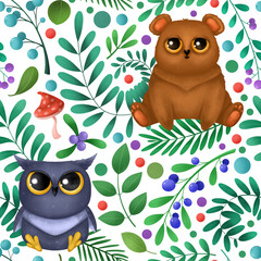 Seamless pattern with cute forest animals. Children's illustration.