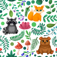 Seamless pattern with cute forest animals. Children's illustration.