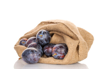 Several organic plums in a jute bag, close-up, isolated on a white background.