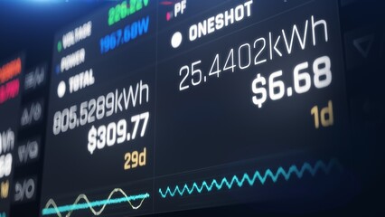Electricity meter screen with kilowatt per hour and money counter, utility bill. High energy consumption costs © Synthex