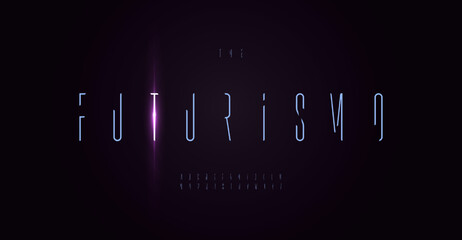 Futuristic font high thin letters. Minimalist techno font for logo of sci-fi, robot science tech, digital cyber space, hud, ai. Abstract typescript modern tall slim type. Vector typographic design
