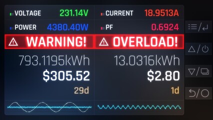 Warning, oveload alert notification on electric meter, risk of fire, overheating. Modern electricity meter device