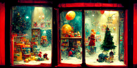 Christmas toy store front or window, decorated with lights and other symbols of Christmas. Retro and vintage style, very strong color. Ideal for a background that attracts the eye.