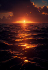 Magical red sunset in the open sea. Red sky and ocean waves at dusk. Beautiful sunset above the sea. Sunset background.
