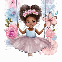 An adorable, African American, beautiful cute princess, sitting on a swing, smiling, flowers, watercolor, portrait, pink, doll like, AI concept generated finalized in Photoshop by me