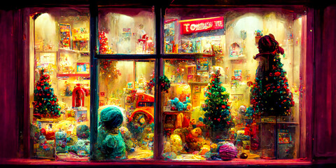 The brightly-lit store window is decorated with sparkling lights and festive symbols, lending an old-fashioned holiday feel. It's perfect for a background that will draw attention. - obrazy, fototapety, plakaty