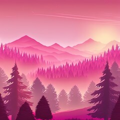 pink gradient mountain scenery nature background illustration and pine trees