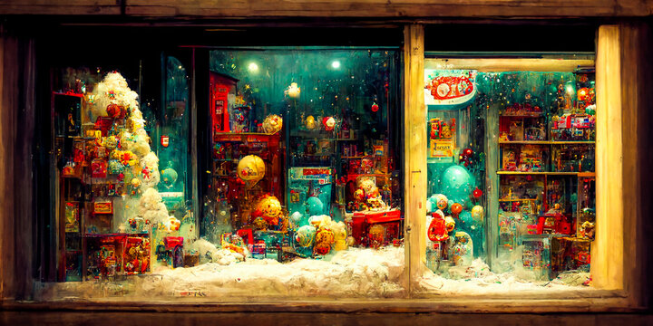 The toy store window is decorated with lights and symbols of winter. It's a colorful and bright style, which would be perfect for attracting attention.