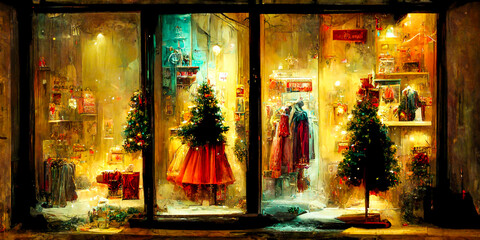 The clothing store is decorated for Christmas, with garlands and trees in a vintage and retro style. It gives the feeling of security and sharing in big American cities.