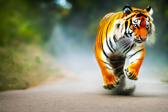 Superb Tiger Running And Advancing On A Road In Asia. Rare Scene Of This Majestic Animal Full Of Power And Tenderness. 3D Illustration.