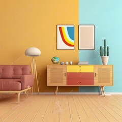 Wall mockup in colorful home interior with retro furniture, 3d render