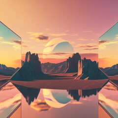 3d rendering, abstract modern minimal panoramic background with geometric mirrors and landscape with rocky mountains under the sunillustration sky. Fantastic aesthetic wallpaper