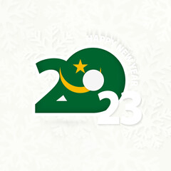 New Year 2023 for Mauritania on snowflake background.