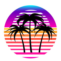 Synthwave, vaporwave, retrowave 80s neon landscape, gradient colored sunset with palm trees silhouettes, isolated on white background. Retro futuristic aesthetic solar circle emblem, logo or icon 