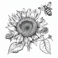Sunflower and Bee Drawing Sketch Outline  