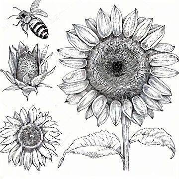 Sunflower and Bee Drawing Sketch Outline  