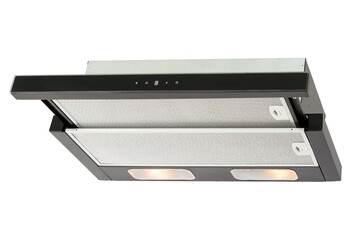 Cooker hood isolated on white background, Black extractor hood with digital touch control