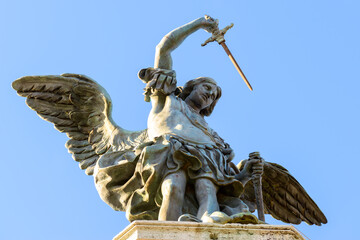 St Michael archangel statue at top of Castel Sant'Angelo, Rome, Italy