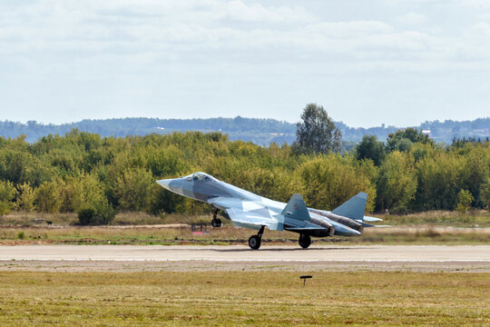 Russian Air Force plane Sukhoi Su-57 takes off, Russia