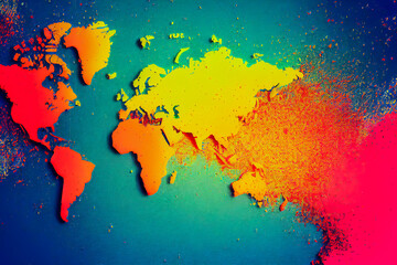 Dynamic world map with burst of color and multi-ethnic energy. Very creative map for poster or modern computer graphics.