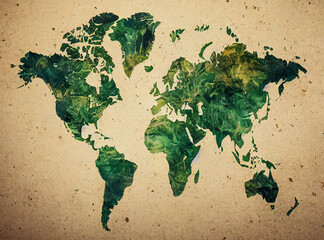 Green colored world map on old brown or kraft paper. Very creative illustration of the planet built of recycling and ecology.