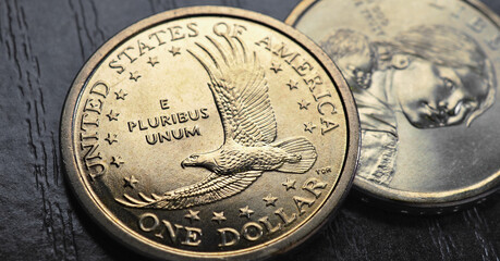 American coins close-up lie on dark surface of table. Soaring eagle Sacagawea dollar coin. US economy and money. Horizontal stories. USA public debt and treasury. Golden dollar. Macro