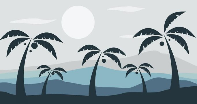 Animated beach island background with blue sea gradation coconut trees