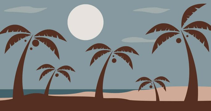 Animated beach island background with sand gradient coconut trees and blue sea