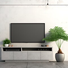 TV on the cabinet in modern living room with plant on Cement wall background,3d rendering