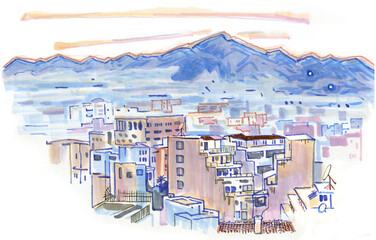 Panorama of Greek capital Athens in the evening at sunset. Cityscape, rooftops and mountains. Greece, Southern Europe, travel destination, vacation. Hand drawn sketchy style markers illustration.