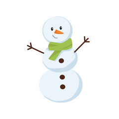 A snowman in a scarf. Vector cartoon illustration on a white background.