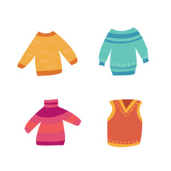 Vector illustration of warm sweaters and vests on a white background.