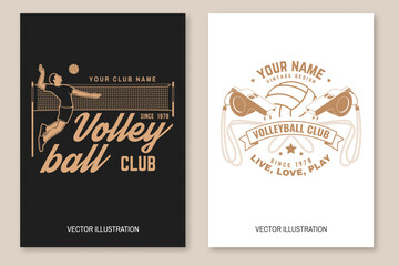 Set of volleyball club flyer, brochure, banner, poster. Vector. For sport club emblem, sign, logo. Vintage monochrome label, sticker, patch with volleyball ball, player, net and referee whistle