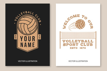 Set of volleyball club flyer, brochure, banner, poster. Vector. For sport club emblem, sign, logo. Vintage monochrome label, sticker, patch with volleyball ball, player and net silhouettes.