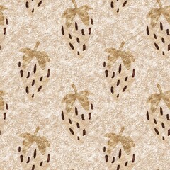 Brown linen strawberry vintage seamless pattern. Cottagecore marl retro summer fruit wallpaper. Whimsical sweet healthy berry background. 