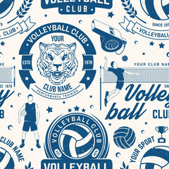 Fototapeta premium Set of volleyball sport club seamless pattern. Vector illustration. Concept for sport pattern background or wallpaper with volleyball ball, player, net and referee whistle silhouettes.