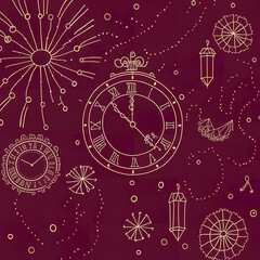 illustration of a wine and symbols, celebration, New Year, gold line on  dark red burgundy background