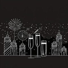 illustration of a wine and symbols, celebration, New Year, black and white, one line continuous drawing