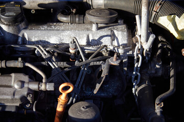 Under the hood of a car, selective focus