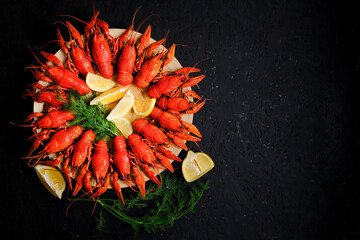 Cooked red river crayfish round wooden plate dark background with lemon and herbs.