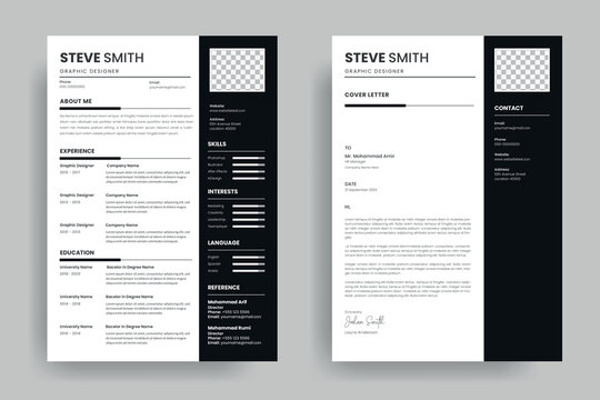 Professional resume template design and minimalist letterhead or CV cover letter layout