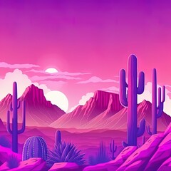 purpurrote und rosa Steigungsgebirgslandschaft und Kaktusnatur-Hintergrundillustration