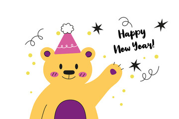 Bear santa christmas vector illustration isolated on white background. Cute kawaii bear wishes Happy New Year!