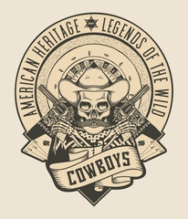 Cowboys - American heritage, legend of the wild - hat, guns, Poker chips and cards - T-Shirt design - vector illustration - White version